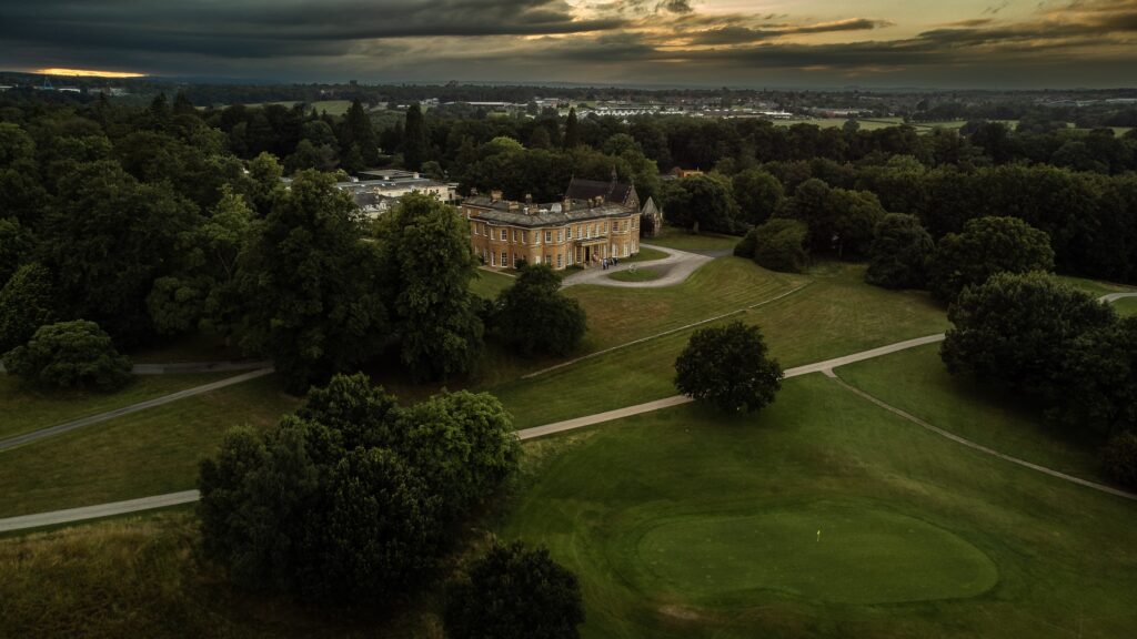 Drone photo in the evening of Rudding Park on a wedding day, taken by a north yorkhire wedding photographer photographer,Rudding Park wedding photos