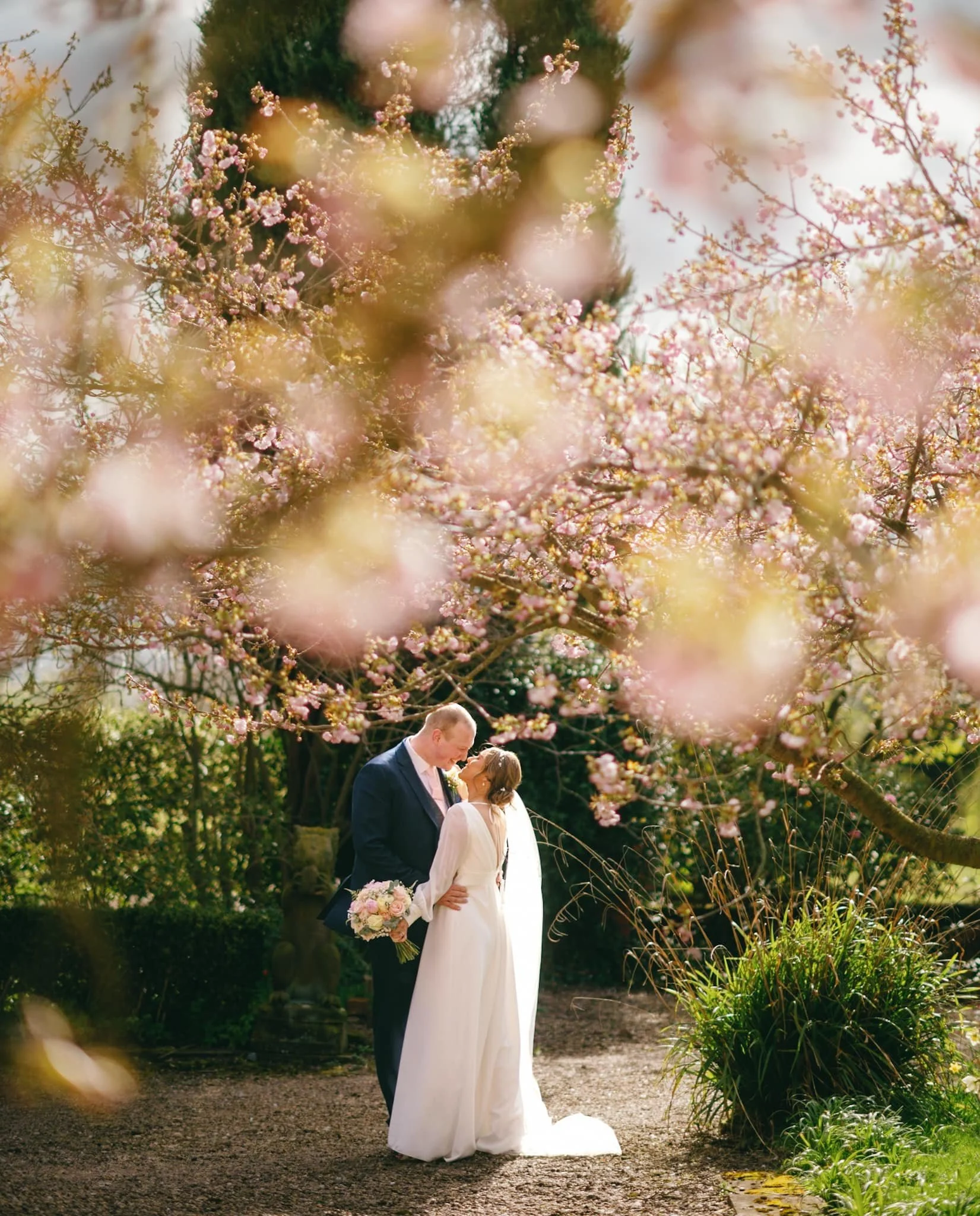 A bride and groom standing close together under blooming pink cherry blossom trees, in a garden setting during daytime. The bride wears a white wedding dress and holds a bouquet; the groom wears a dark suit. Take at Hodsock Priory