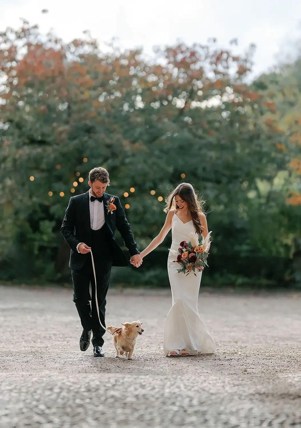 A bride and groom walk hand in hand with a small dog outdoors during their wedding, with fall-colored trees and string lights in the background. Take at Hodsock Priory