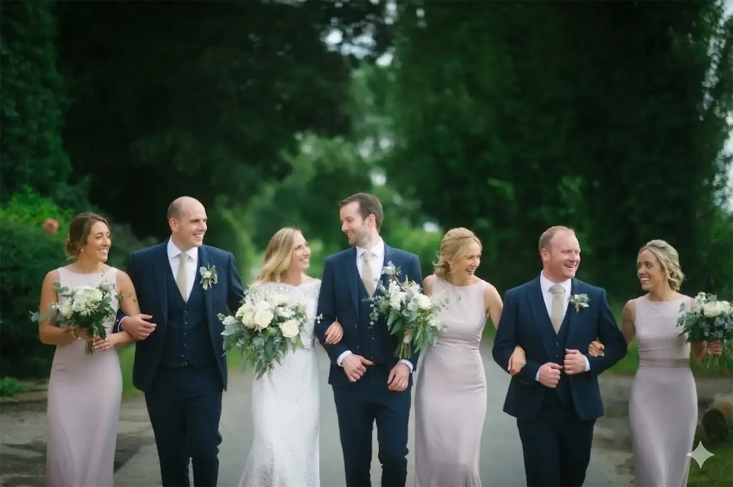 group of wedding party members walking outdoors, smiling, and holding bouquets. Taken on the country lane outside The Normans wedding venue york