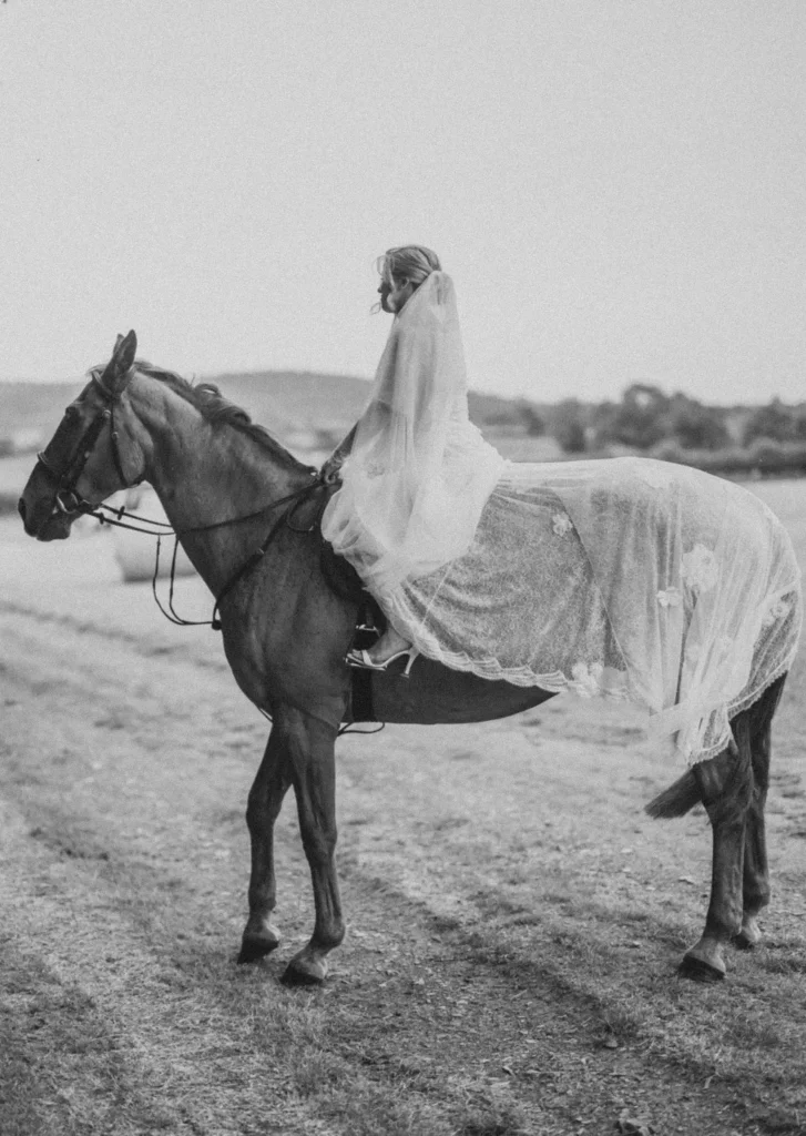 bride arrivng on horse back at Low Osgoodby Grange Wedding Photography