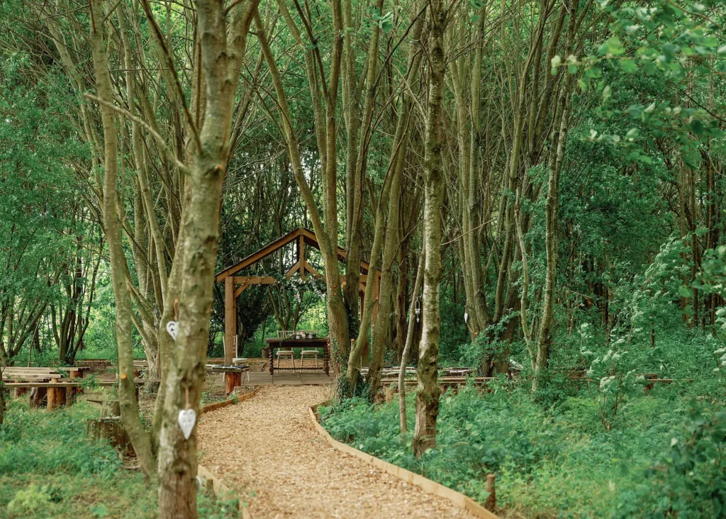 woodland cceremny aisle at Low Osgoodby Grange Wedding Photographer